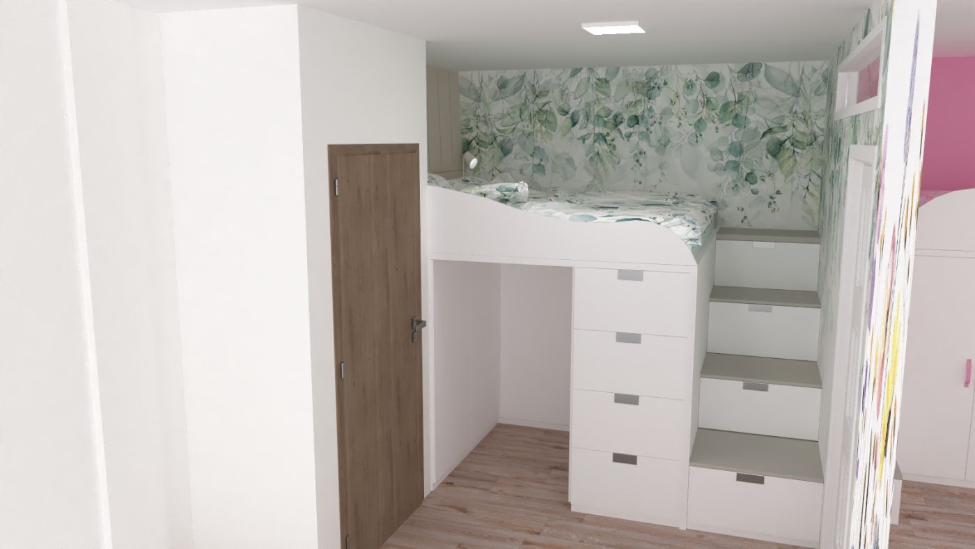 Návrh velmi malého prostoru rozděleného na ložnici a dětský pokoj 